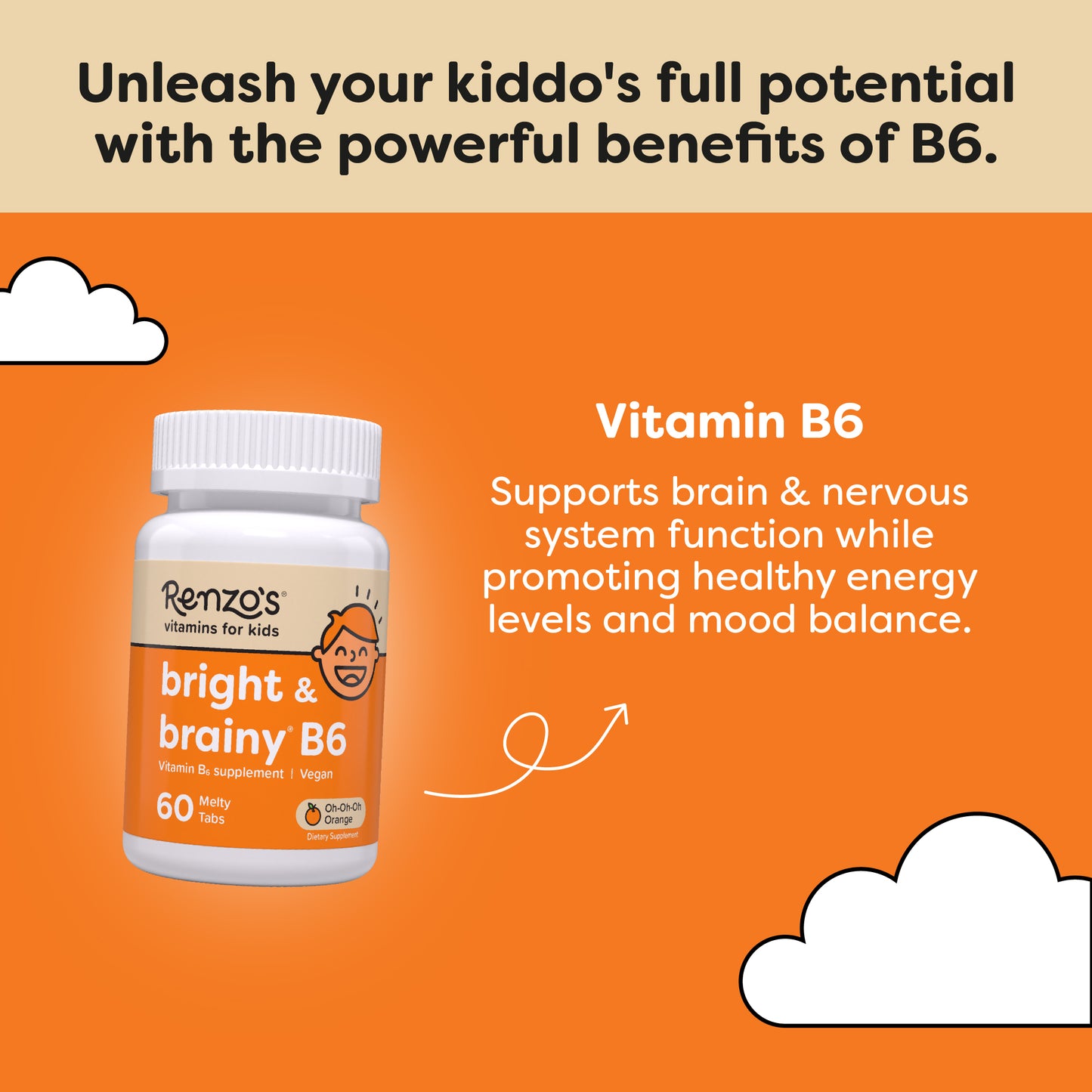 Renzo's Bright & Brainy B6 Bottle and product benefits. Product contains a vegan form of Vitamin b6 for kids. 