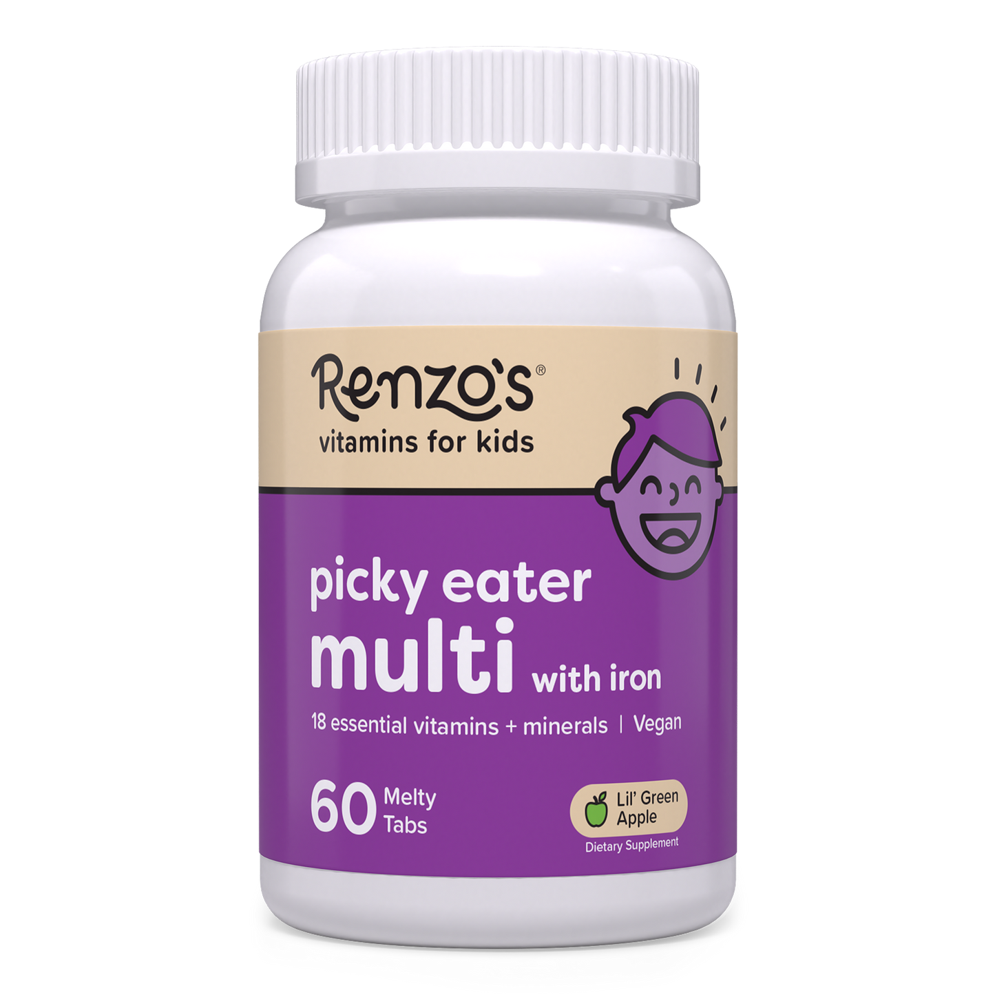 Renzo's Vitamins apple-flavored childrens multivitamin for picky eaters bottle upright on a white surface