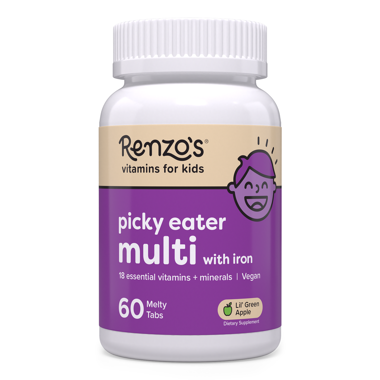 Renzo's Vitamins apple-flavored childrens multivitamin for picky eaters bottle upright on a white surface