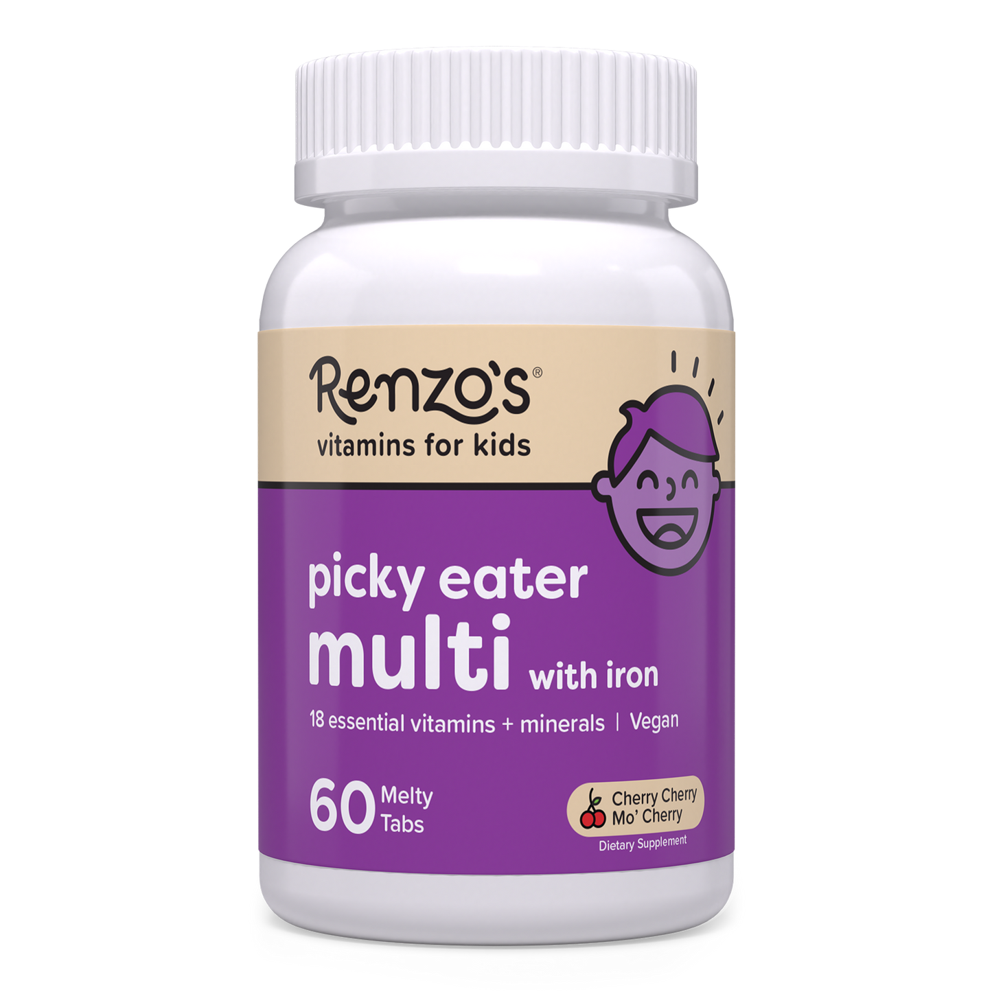 Renzo's Vitamins cherry-flavored childrens multivitamin for picky eaters bottle upright on a white surface 