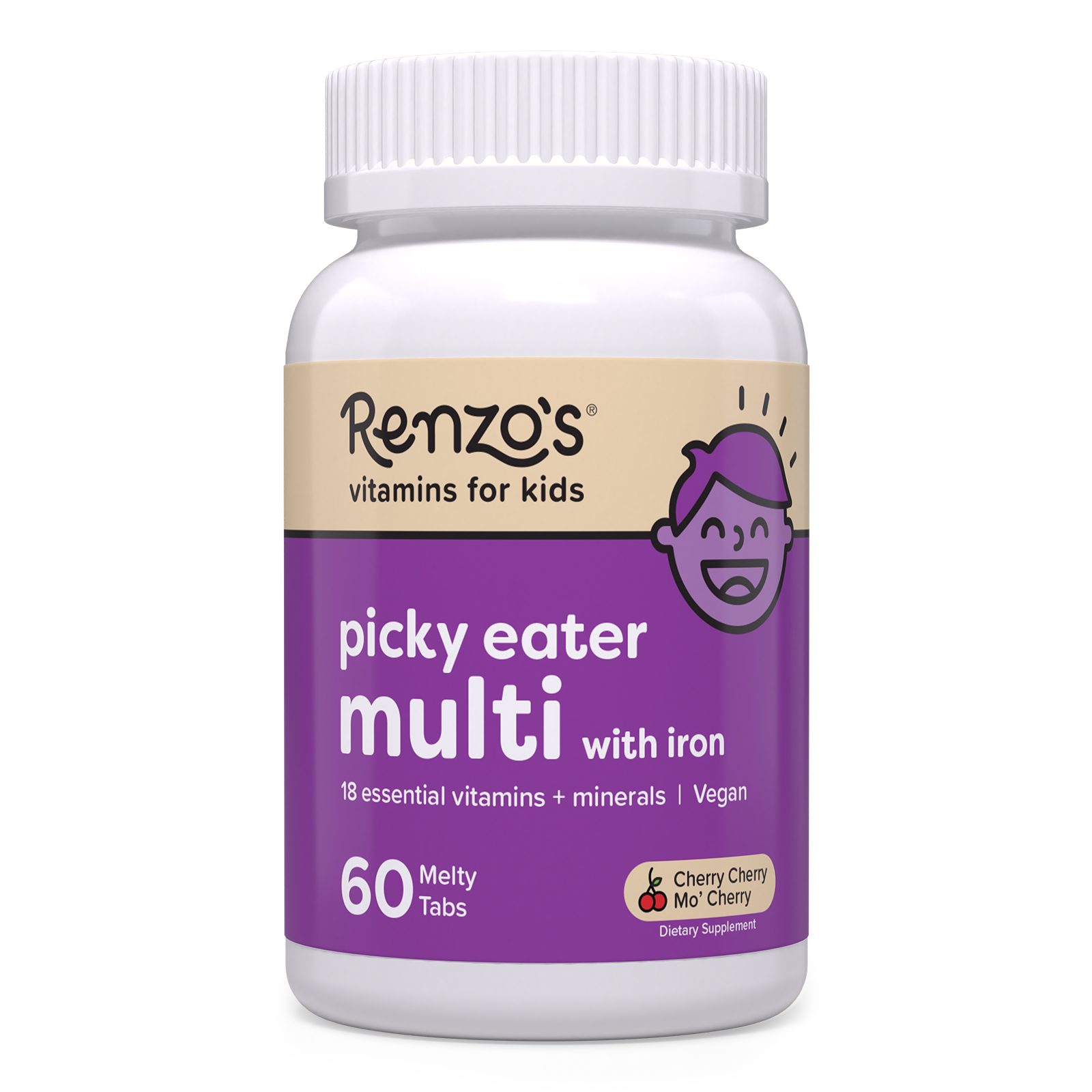 Renzo's Vitamins cherry-flavored childrens multivitamin for picky eaters bottle upright on a white surface 