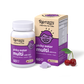 Renzo's Vitamins childrens multivitamin for picky eaters bottle and box upright on a white surface with the melty tablets displaying the Renzo's smiling kid logo and three cherries laying beside. This is the cherry-flavored multivitamin for kids with iron packaging