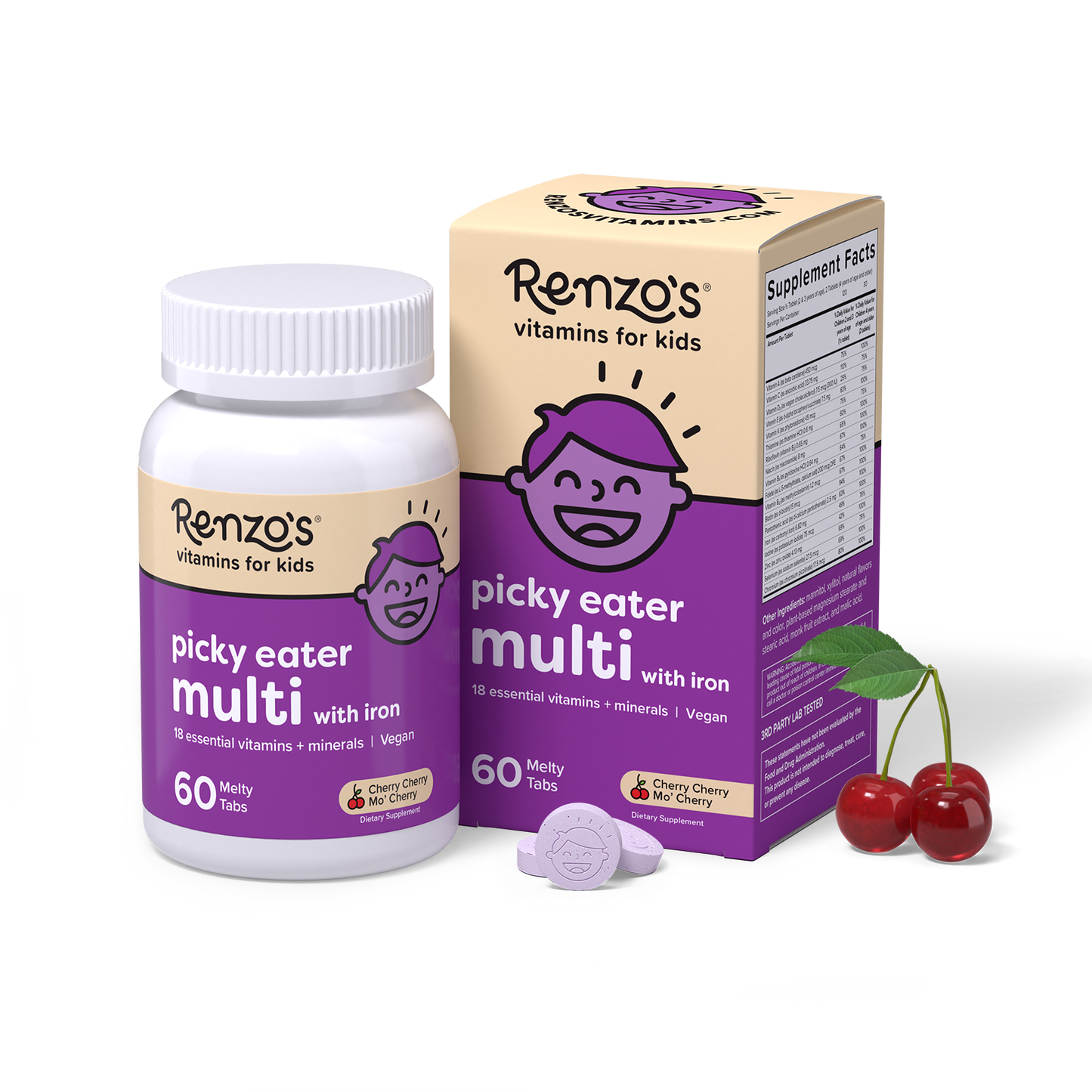 Renzo's Vitamins childrens multivitamin for picky eaters bottle and box upright on a white surface with the melty tablets displaying the Renzo's smiling kid logo and three cherries laying beside. This is the cherry-flavored multivitamin for kids with iron packaging