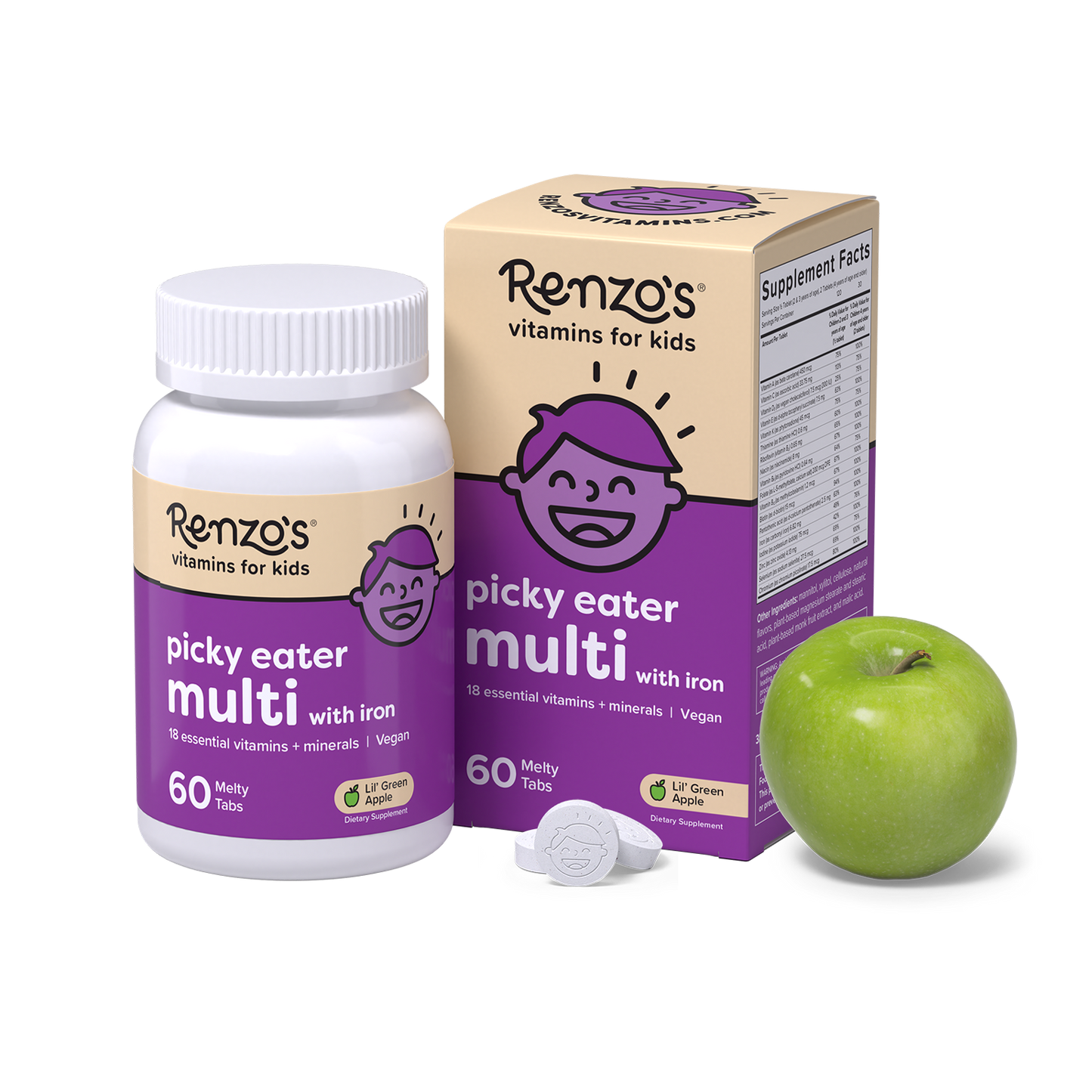 Renzo's Vitamins childrens multivitamin for picky eaters bottle and box upright on a white surface with the melty tablets displaying the Renzo's smiling kid logo and a green apple laying beside. This is the apple-flavored multivitamin for kids with iron packaging