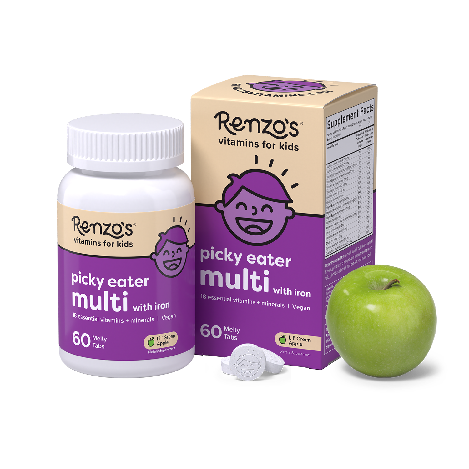 Renzo's Vitamins childrens multivitamin for picky eaters bottle and box upright on a white surface with the melty tablets displaying the Renzo's smiling kid logo and a green apple laying beside. This is the apple-flavored multivitamin for kids with iron packaging