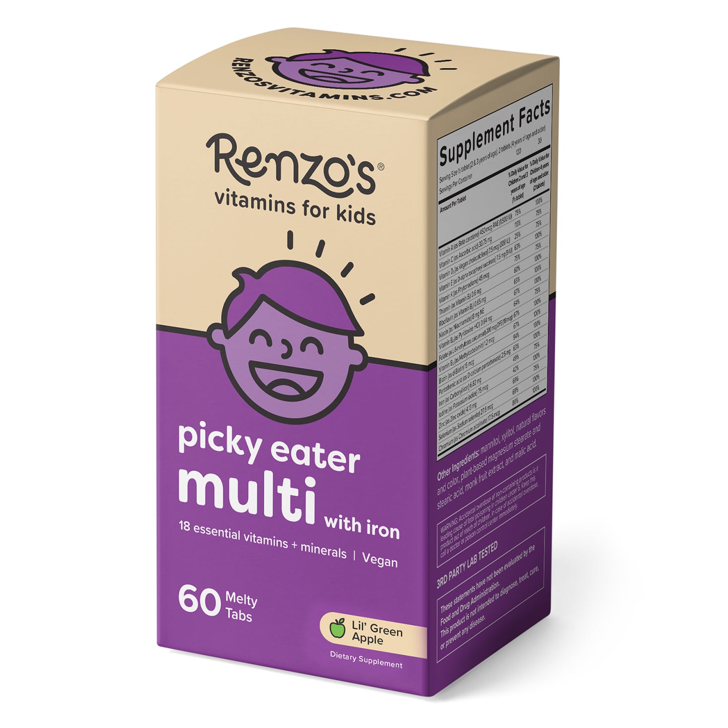 Renzo's Vitamins apple-flavored childrens multivitamin for picky eaters box upright on a white surface