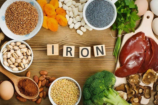 Picture featuring iron-rich foods to explain there are two different types or iron, non-heme iron and heme iron.