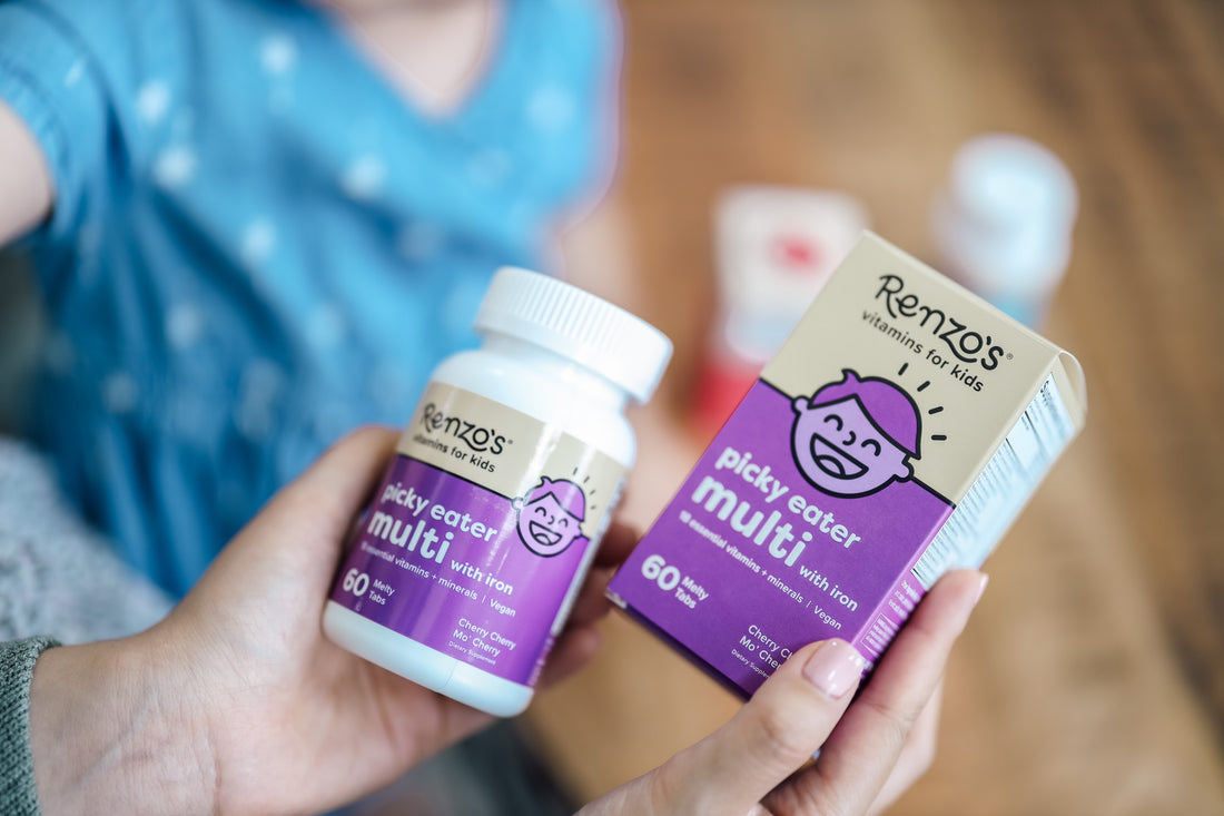 Renzos picky eater multivitamin with iron bottle and box