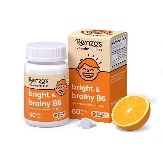 Renzo's Bright & Brainy B6 Bottle and box. Product contains Vitamin b6 for kids. 