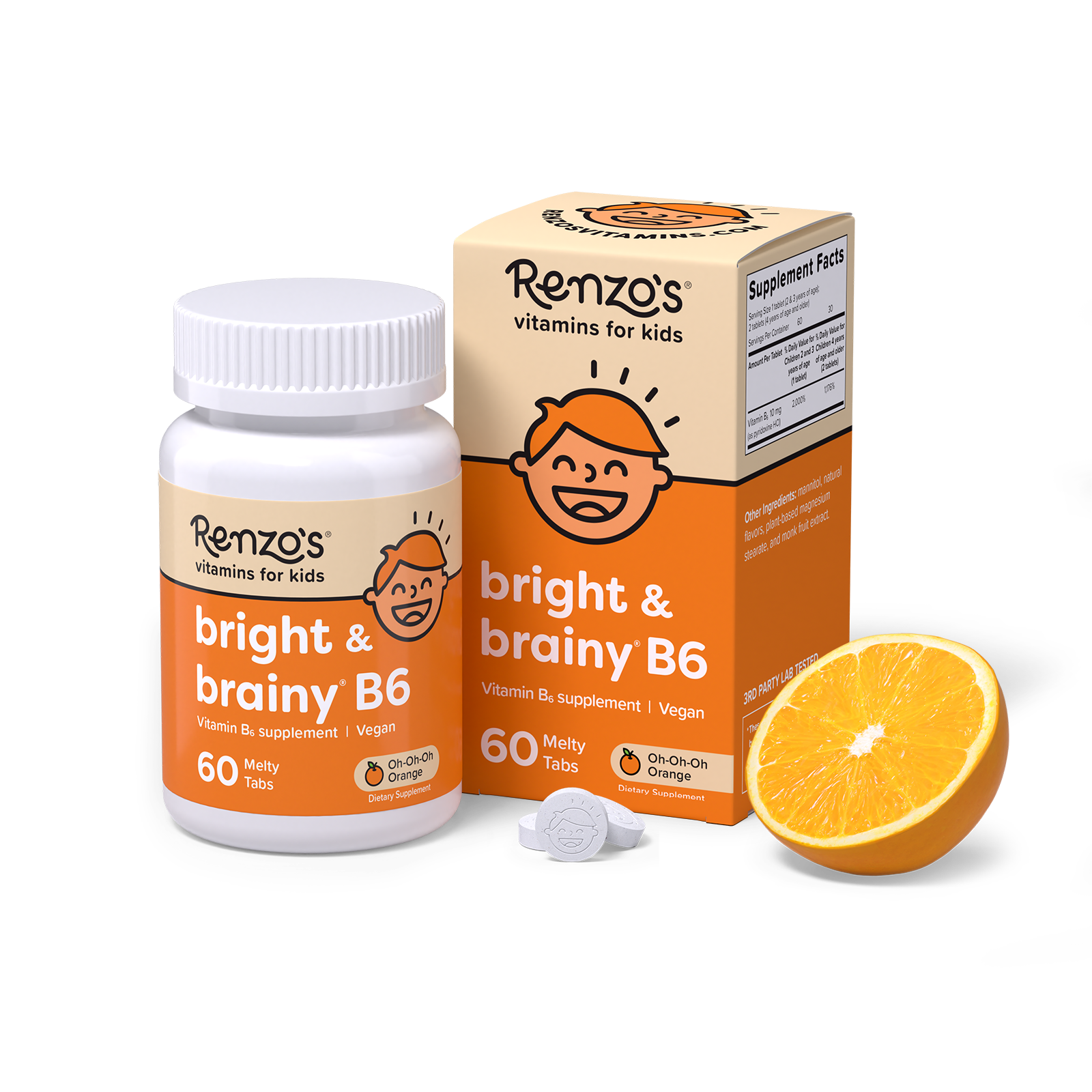 Renzo's Bright & Brainy B6 Bottle and box. Product contains Vitamin b6 for kids. 