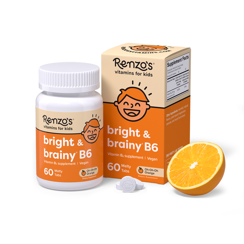 Renzo's Bright & Brainy B6 Bottle and box. Product contains Vitamin b6 for kids. 