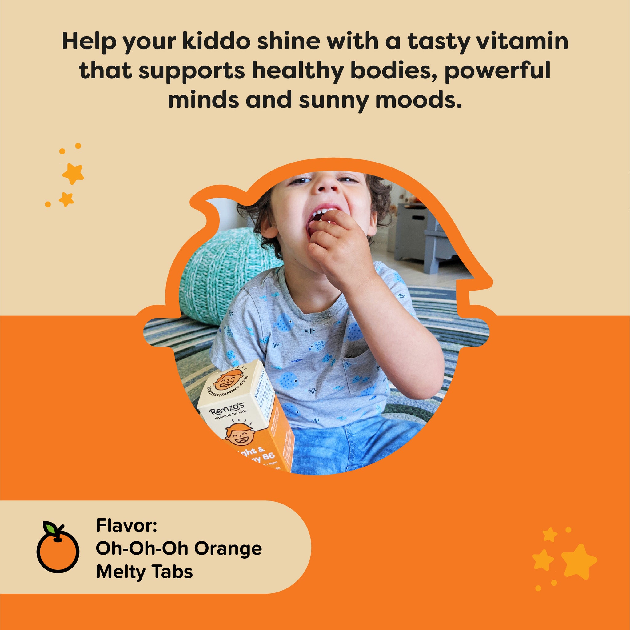 Renzo's Bright & Brainy B6's main product benefit with kid eating one of the tablet. Product contains a vegan form of Vitamin b6 for kids. 